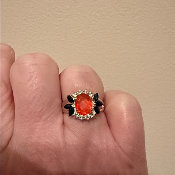 NATURAL MEXICAN FIRE OPAL RING AAA++ 9x7mm FACETED & BLUE SAPPHIRE 925 SS - Picture 11 of 11